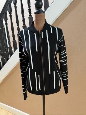 Black & White Striped Zip-Front Bomber Jacket